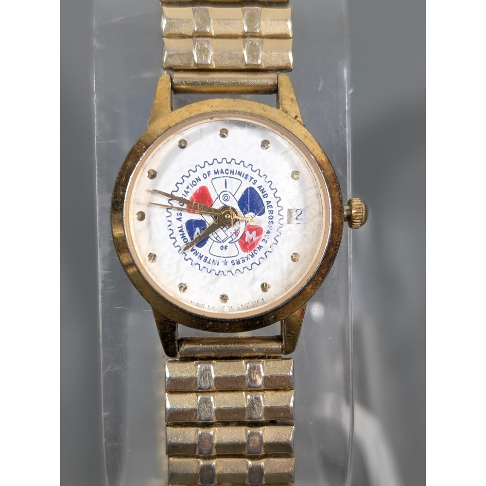 Vintage IAMAW Union Watch Women's Gold Tone USA Made Date Stretch Working